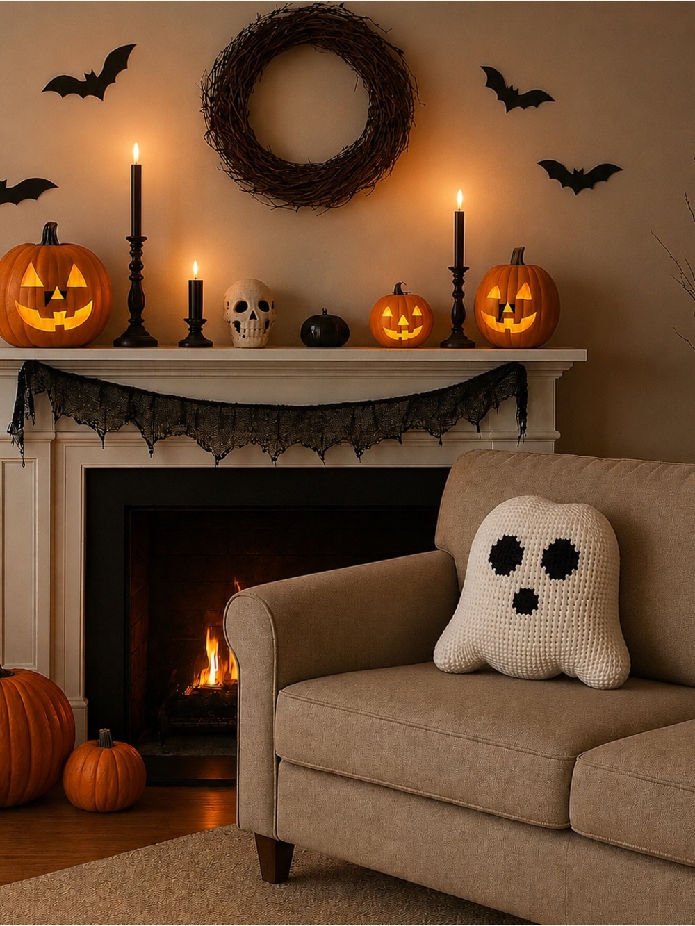 Crocheted Ghost Pillow - Cream with Black Eyes